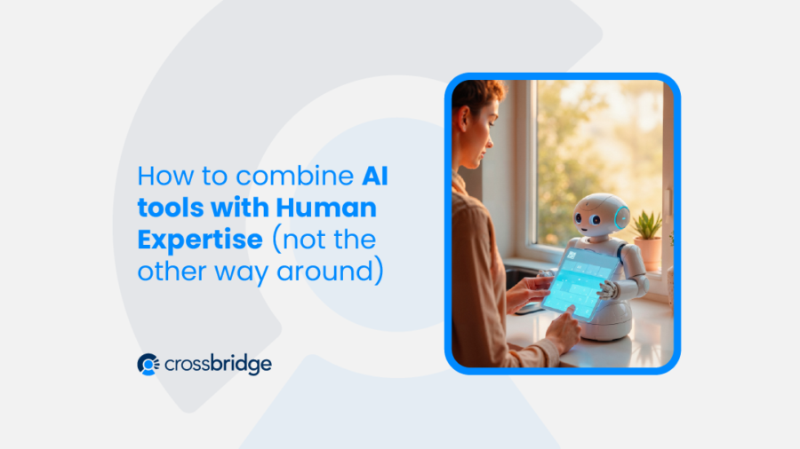 Collaboration between AI tools and a recruiter interviewing a candidate, showing harmony between technology and people.