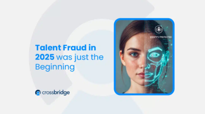 Illustration showing a software filtering deep fakes, representing talent fraud in 2025.